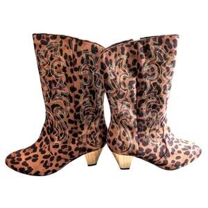 NWOT Joan Boyce Animal Print Mid-Calf Rhinestone Mirrored Heel Boots 7.5